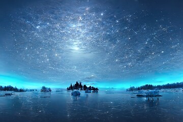 Winter night,dark and icy blue, northern lights in the sky reflecting in the water, landscape with lake and mountains. Generative AI.