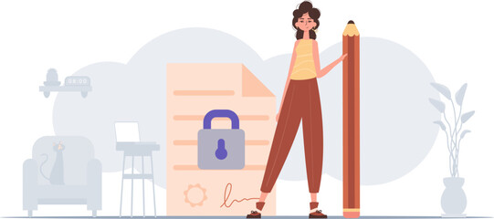The concept of signing and protecting data. Smart contract. The girl stands near a large document and holds a pencil.
