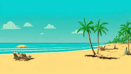 Fototapeta na wymiar illustration style, Relaxing, sandy beach with crystal