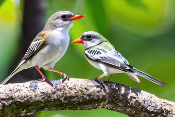 732802088- Two small light birds sit on a tree branch against the background of green foliage__ ###  frame, border, ugly, fat, o 
