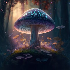 Fototapeta na wymiar Fantasy iridescent mushroom, magical forest. Generative AI. 
