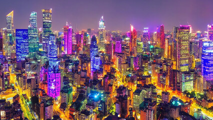 Vibrant city skyline with gleaming skyscrapers and colorful lights