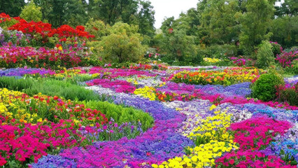 Vibrant, colorful flower garden with a variety of blooming flowers and a babbling brook