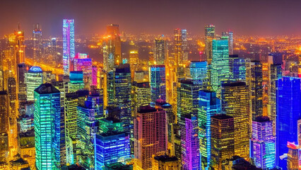 Obraz premium Vibrant city skyline with gleaming skyscrapers and colorful lights