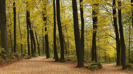 Fototapeta na wymiar Serene forest path with dappled sunlight and fallen leaves