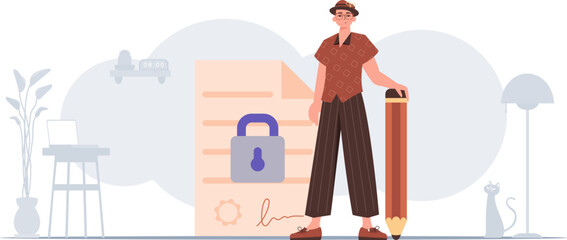 The concept of signing and protecting data. Smart contract. The guy is standing near a large document and holding a pencil.