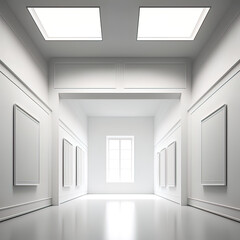 Obraz na płótnie Canvas White gallery room with minimal interior design. White frames hanging on the wall. Museum realistic mockup.