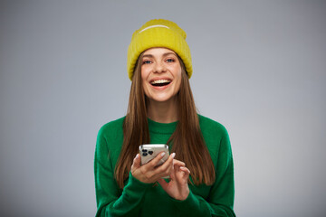 Smiling woman using smartphone. Advertising female isolated portrait.