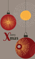 Merry Xmas vertical card with christmas shining balls in red colors and gray background, with fireworks decor and golden elements. Balls decorated in abstract and flat style. Modern and minimalistic.