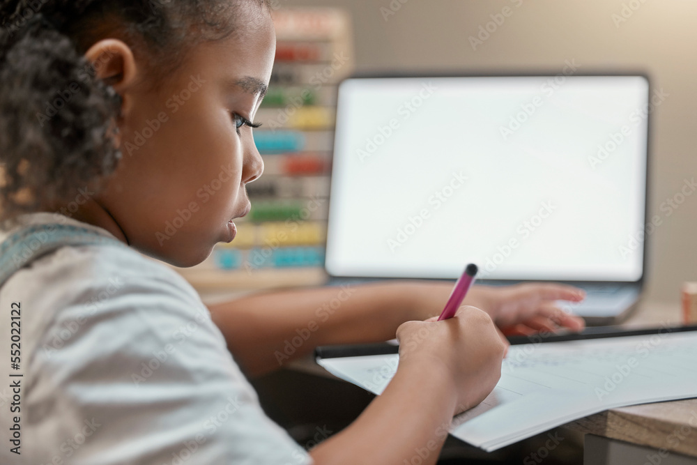 Poster home, elearning and little girl writing on paper with mockup screen on laptop for education. focus, 