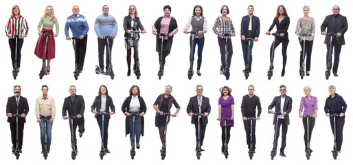Fototapeta na wymiar group of successful people on scooter isolated
