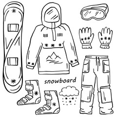Set of winter sports clothes and extreme equipment isolated on white. Snowboard. Coloring book, coloring page. Vector illustration.