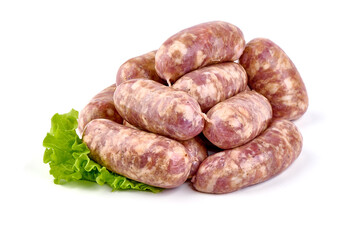 German Oktoberfest Sausages with basil leaf, close-up, isolated on white background.
