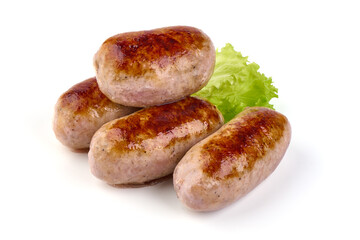 Grilled pork bangers, isolated on white background.