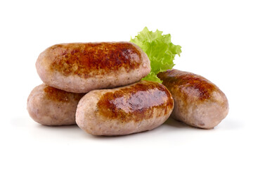 Grilled pork bangers, isolated on white background.