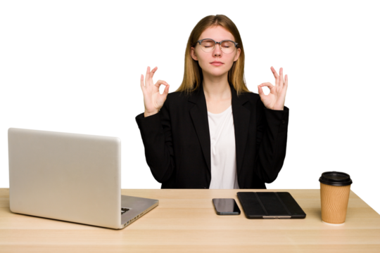Young business caucasian woman working on her workplace cutout isolated relaxes after hard working day, she is performing yoga.