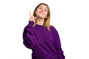 Young caucasian woman isolated showing number one with finger.