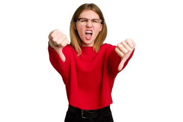 Fototapeta premium Young caucasian woman isolated showing thumb down and expressing dislike.