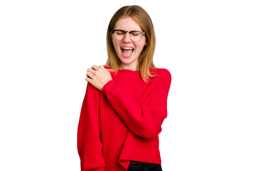 Young caucasian woman isolated having a shoulder pain.
