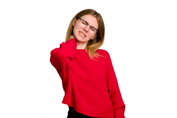 Young caucasian woman isolated massaging elbow, suffering after a bad movement.