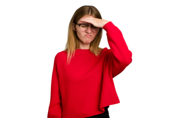 Young caucasian woman isolated touching temples and having headache.