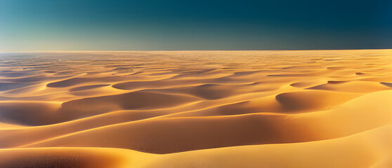 A desert stretching into the horizon with endless sand dunes. 
