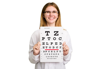 Young caucasian oculist woman holding a eye chart paper isolated