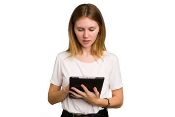 Young caucasian woman using a tablet isolated