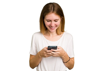 Young caucasian woman using a mobile phone cutout isolated
