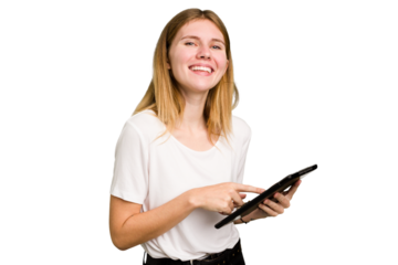 Young caucasian woman using a tablet isolated