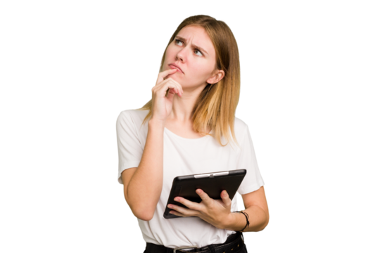 Young caucasian woman using a tablet isolated