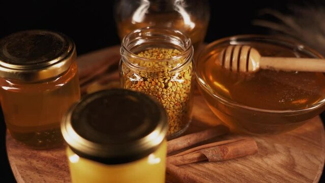 Bee pollen and honey as healthy food supplements 4k