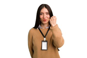 Young caucasian woman with ID card isolated showing fist to camera, aggressive facial expression.