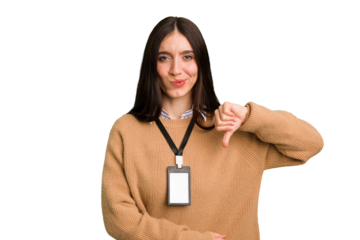 Young caucasian woman with ID card isolated showing a dislike gesture, thumbs down. Disagreement concept.