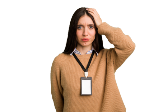 Young caucasian woman with ID card isolated being shocked, she has remembered important meeting.