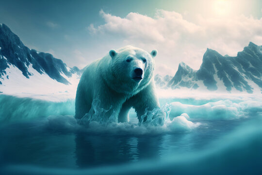 polar bear on ice, arctic landscape, melting ice caps, polar sea, the last icebear, generative ai