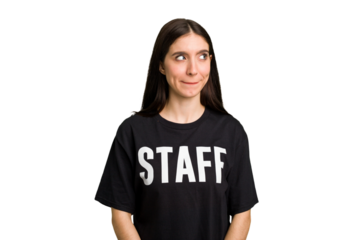 Young caucasian staff woman isolated confused, feels doubtful and unsure.