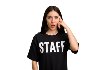 Young caucasian staff woman isolated showing a disappointment gesture with forefinger.