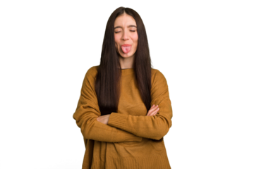 Young caucasian brunette long hair woman cutout isolated funny and friendly sticking out tongue.