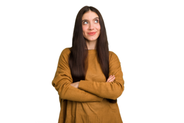 Young caucasian brunette long hair woman cutout isolated dreaming of achieving goals and purposes