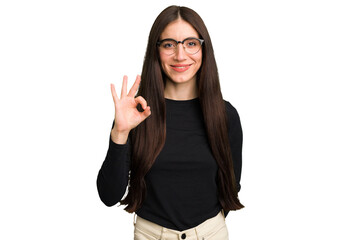 Young caucasian brunette long hair woman cutout isolated cheerful and confident showing ok gesture.