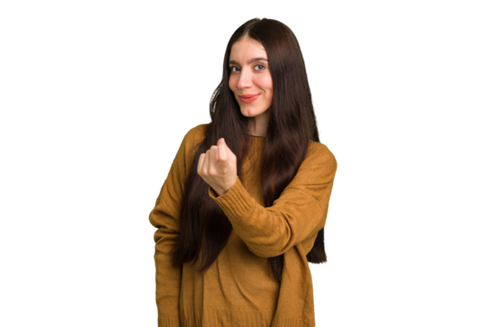 Young caucasian brunette long hair woman cutout isolated pointing with finger at you as if inviting come closer.