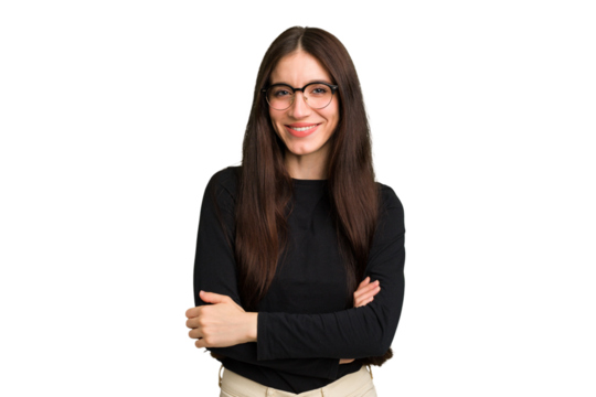 Young caucasian brunette long hair woman cutout isolated who feels confident, crossing arms with determination.