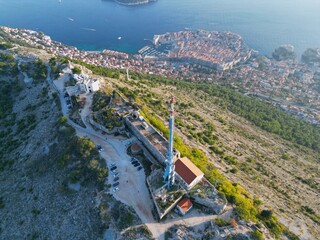 Obraz premium Telecoms tower Dubrovnik Croatia drone aerial view ..