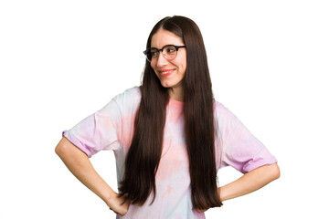 Young caucasian brunette long hair woman cutout isolated laughs happily and has fun keeping hands...