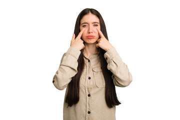 Young caucasian brunette long hair woman cutout isolated crying, unhappy with something, agony and confusion concept.