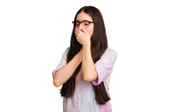 Young caucasian brunette long hair woman cutout isolated suffers pain in throat due a virus or infection.