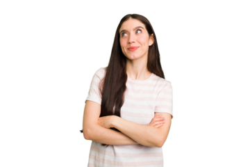 Young caucasian brunette long hair woman cutout isolated dreaming of achieving goals and purposes