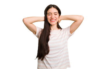 Young caucasian brunette long hair woman cutout isolated feeling confident, with hands behind the head.
