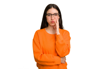 Young caucasian brunette long hair woman cutout isolated blows cheeks, has tired expression. Facial expression concept.